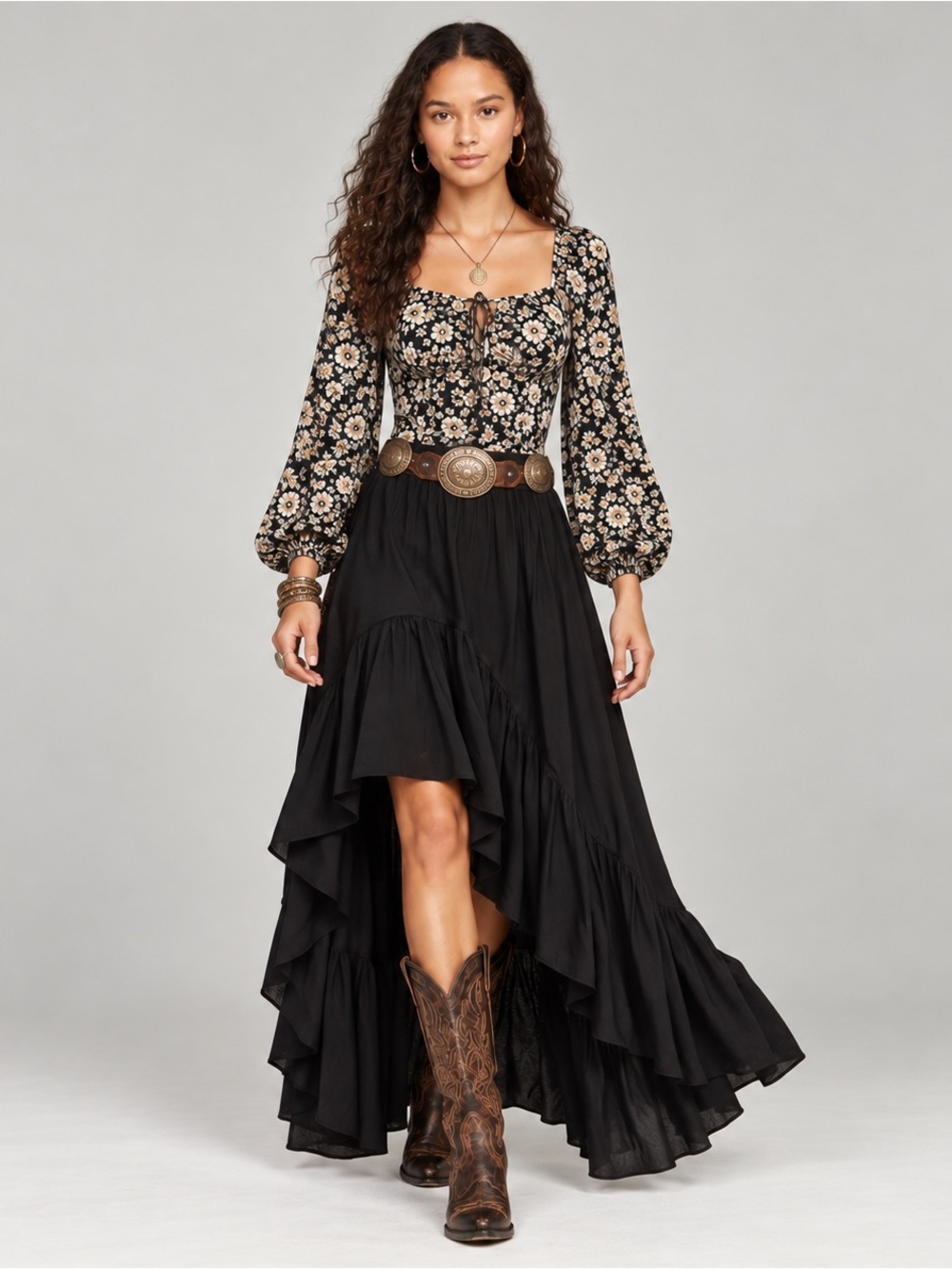 Mia Joy Women’s Black High Low Ruffle Maxi Skirt Size L Stretch Waist Boho NWT